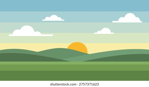 Sunset over rolling green hills and clouds landscape flat design