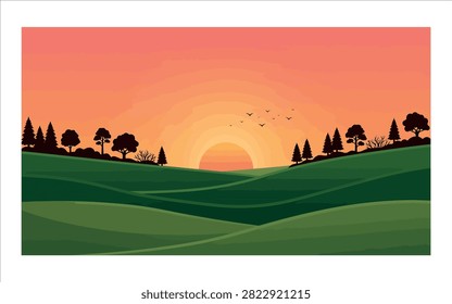 Sunset over rolling green hills with silhouetted trees and flying birds