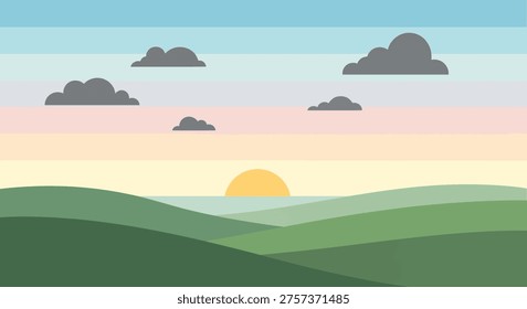 Sunset over rolling hills, colorful sky with clouds, landscape view, nature scene