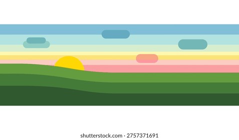 Sunset over rolling hills, colorful sky with clouds, serene landscape