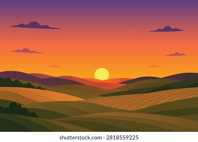 Sunset Over Rolling Hills and Fields Flat Design Illustration