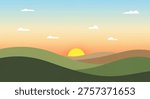 Sunset over rolling hills landscape, colorful sky with clouds, serene nature scene