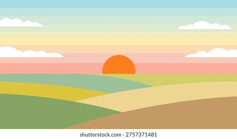 Sunset over rolling hills landscape, colorful abstract scene, serene natural beauty, outdoor scenery
