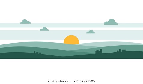 Sunset over rolling hills landscape, minimalistic style, warm lighting, scenic view