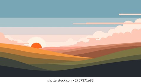Sunset over rolling hills landscape, abstract nature scene with colorful sky and clouds, serene outdoor scenery