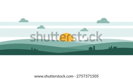 Sunset over rolling hills landscape, minimalistic style, warm lighting, scenic view
