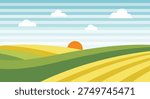Sunset over rolling hills, serene landscape, flat design, outdoors