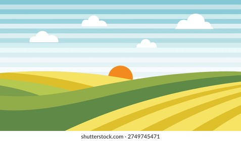 Sunset over rolling hills, serene landscape, flat design, outdoors