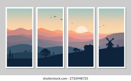 Puesta del sol sobre colinas onduladas con paisaje silueteado y cielo vibrante