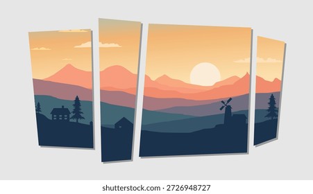 Pôr do sol sobre colinas com paisagem silhuetada e céu vibrante