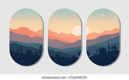 Pôr do sol sobre colinas com paisagem silhuetada e céu vibrante