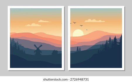 Sunset over rolling hills with silhouetted landscape and vibrant sky