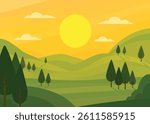 Sunset over rolling hills with trees and clouds