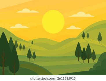 Sunset over rolling hills with trees and clouds
