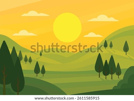 Sunset over rolling hills with trees and clouds