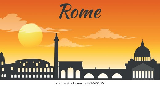 Sunset over Rome showcasing the city's iconic skyline with historical landmarks and warm hues of evening sky