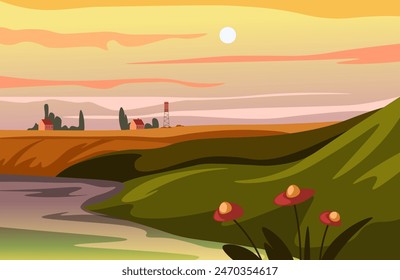 Sunset Over Rural Landscape vector