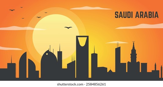 Sunset over Saudi Arabia showcasing the city's iconic skyline with historical landmarks and warm hues of evening sky