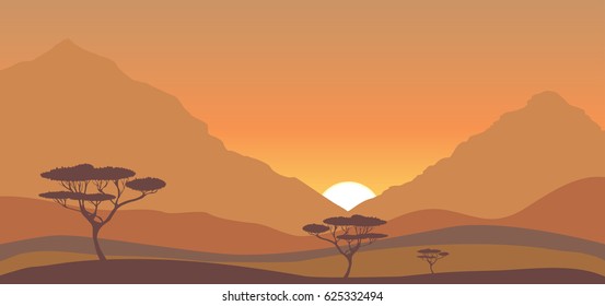 Sunset over savanna landscape, rocks and acacia trees 
vector nature illustration