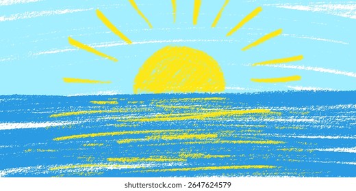sunset over sea background. Crayon kid landscape with sunset over sea. Vector ocean, yellow sun, blue sky, cloud child wax pastel painting. Spring nature sea landscape crayon illustration background.