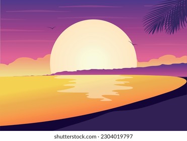 puesta de sol sobre el mar. Playa al atardecer. Ilustración vectorial de Sunset