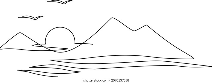 Sunset over the sea. Continuous line drawing. Vector illustration. Isolated on white background  