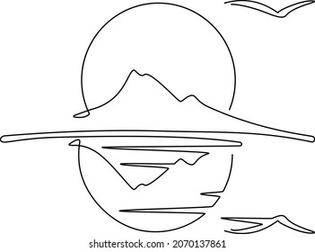 Sunset over the sea. Continuous line drawing. Vector illustration. Isolated on white background  