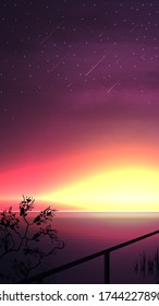 Atardecer sobre el horizonte del mar. Paisaje vectorial con un hermoso cielo estrellado amarillo rosado con meteoritos
