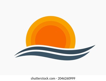 Sunset over sea icon. Vector illustration.