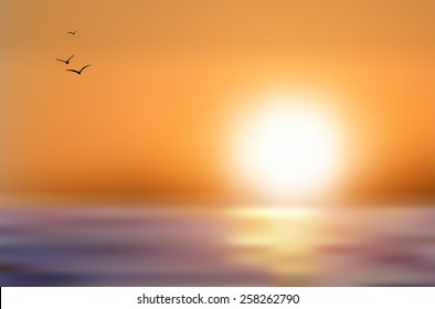 Sunset over the sea level and flying birds - vector illustration