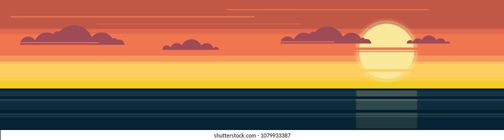Sunset over the sea. Panorama. Vector illustration