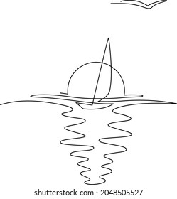 Sunset over the sea. Sailboat against the backdrop of the sun. Draw one continuous line. Vector illustration. Isolated on white background 