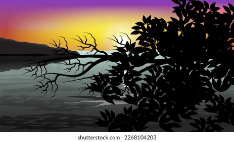 sunset over the sea. silhouette of tree near the beach in the evening