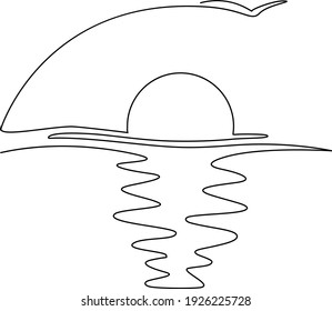 Sunset over the sea. Single continuous line drawing. Vector illustration. Isolated on white background