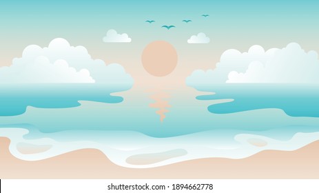 Sonnenuntergang über Meer. Die Sonne spiegelte sich im Wasser wider. Natur, Vektorhintergrund, Landschaft mit Wolken und Sonne. Sonnenuntergang oder Sonnenaufgang auf dem Meer. Naturlandschaft und Jahreszeit.