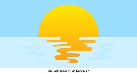 Sunset over sea. Sun reflected in the water. Orange sun, blue wave, sea symbol paper style trendy modern illustration