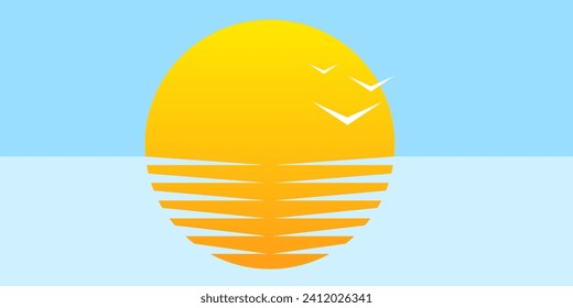 Atardecer sobre el mar. El sol reflejaba en el agua. Sol anaranjado, ola azul, símbolo del mar estilo de papel moda ilustración moderna
