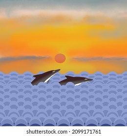 sunset over the sea, swimming dolphins , vector illustration