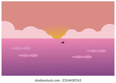 Sunset over the sea. Vector illustration in flat design style. An illustration of a sunset view at sea is a silhouette of a fishing boat sailing into the ocean to find fish.
