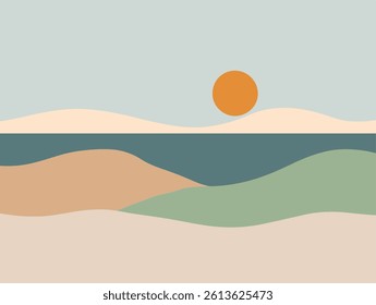 Sunset over the sea. Vector illustration in flat design style.