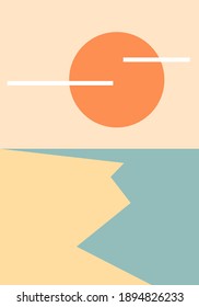 sunset over seaside landscape scenery with silhouettes. Vector illustration background for posters, banners, web, social media, cards, covers, ui.