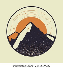 Sunset over the silhouette of the mountain peak. Mountain logo in vintage style, sticker or poster template. Vector illustration