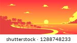 sunset over the tropical beach vector seacape illustration, palm trees and cloudy sky