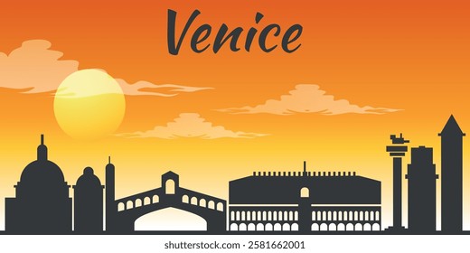 Sunset over Venice showcasing the city's iconic skyline with historical landmarks and warm hues of evening sky