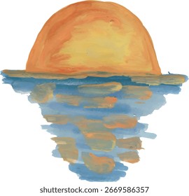 Sunset over the water with reflection watercolor