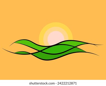 Sunset over wavy green hills in modern linear style. Landscape in the style of minimalism. Dawn over green fields. Design for posters, prints and banners. Vector illustration