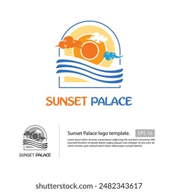 Plantilla con el logo de Sunset Palace con un sol plano y unas olas de agua decorativas que se combinan con el estilo japonés.