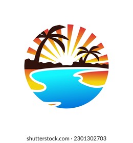 Sunset palm beach logo, tropical paradise vacation