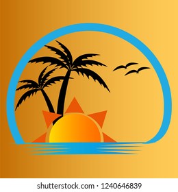 sunset palm coconut tree beach vector logo design