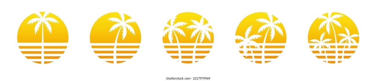 Sunset Palm Symbol Set. Retro Sonnenuntergang mit Palmen. Alleinstehende Sonne und Palmen, Vintage-Illustration. EPS10
